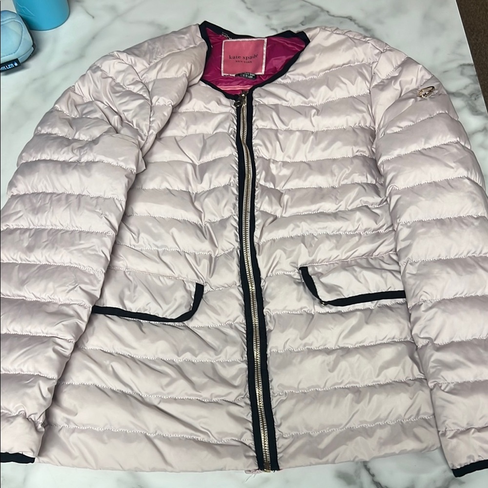 Kate Spade Cream Puffer Jacket with Black Trim-Pale pink